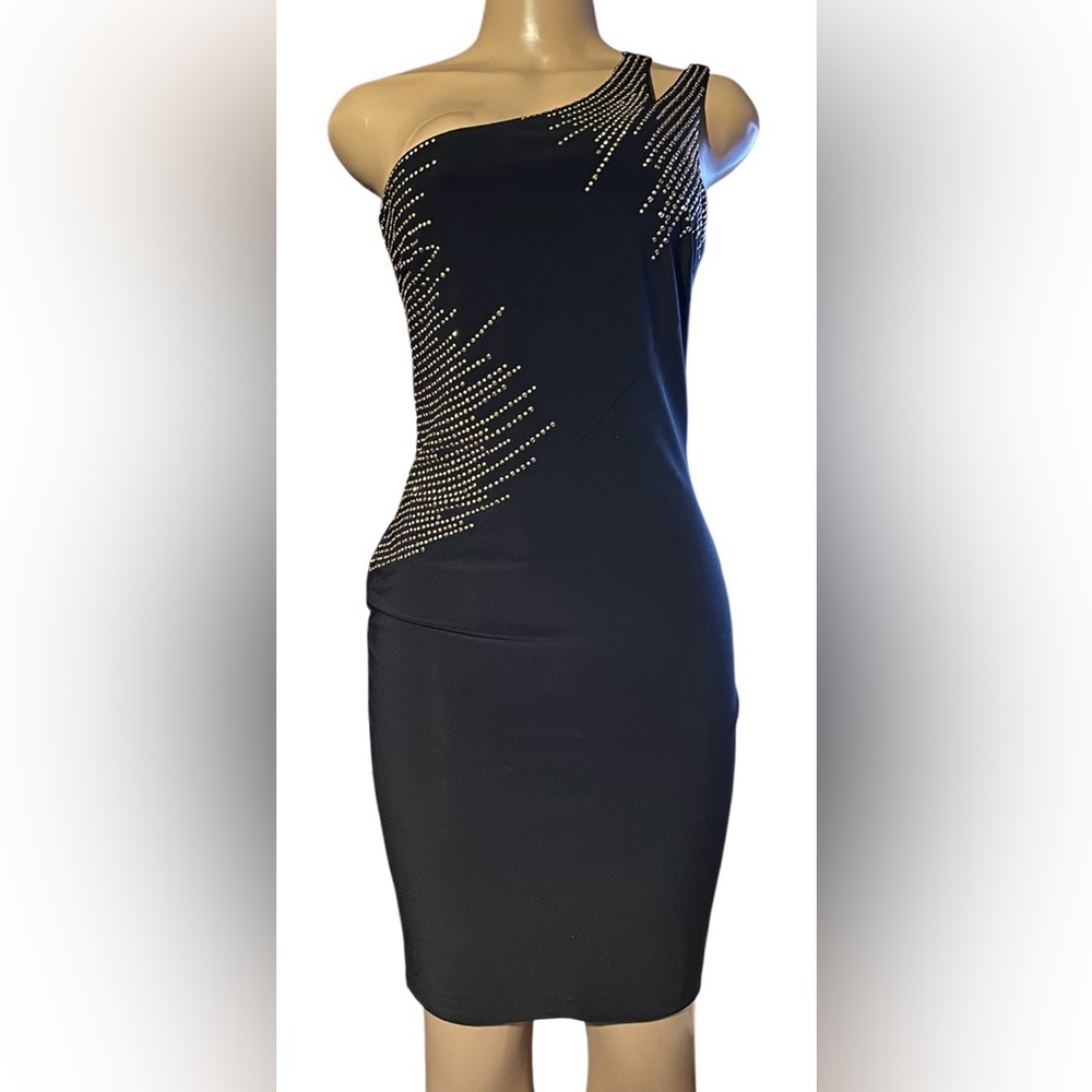 Cache Black One-Shoulder Size 6 Asymmetrical Pattern Rhinestone Embellishments